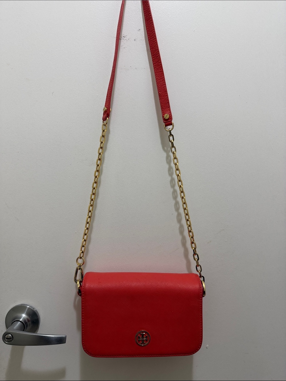 Red Crossbody Bag with Gold Chain Strap